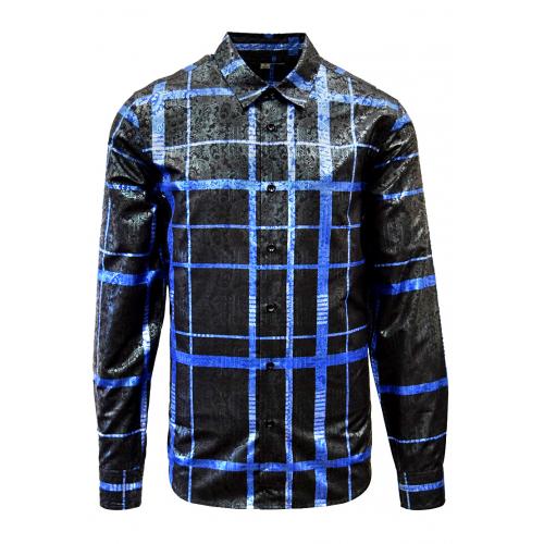 Stacy Adams Black / Blue Metallic Multi-Pattern Design Long Sleeve Shirt 7532